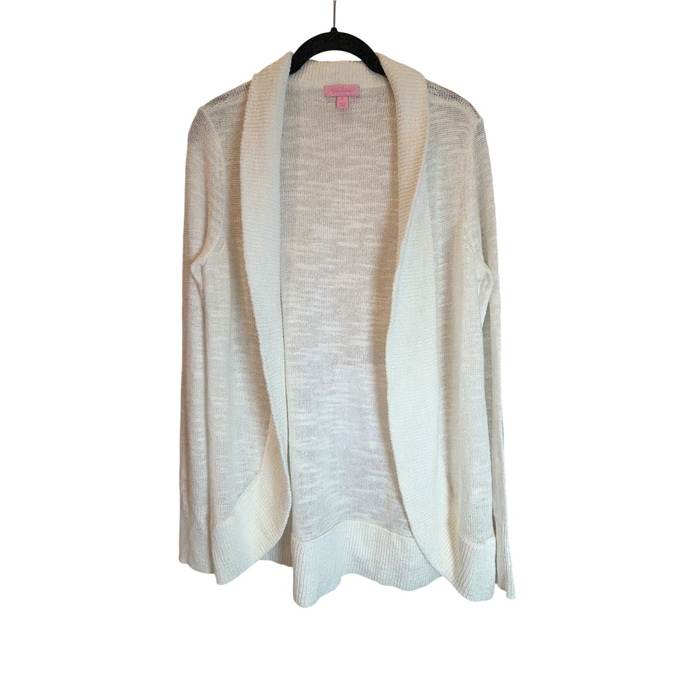 Lilly Pulitzer White Open Front Shawl Collar Cardigan Sweater Womens Medium